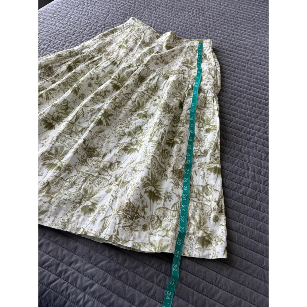 Rachel Zoe Green White Toile Safari Print 100% Linen Midi Skirt Womens Medium - Picture 5 of 9
